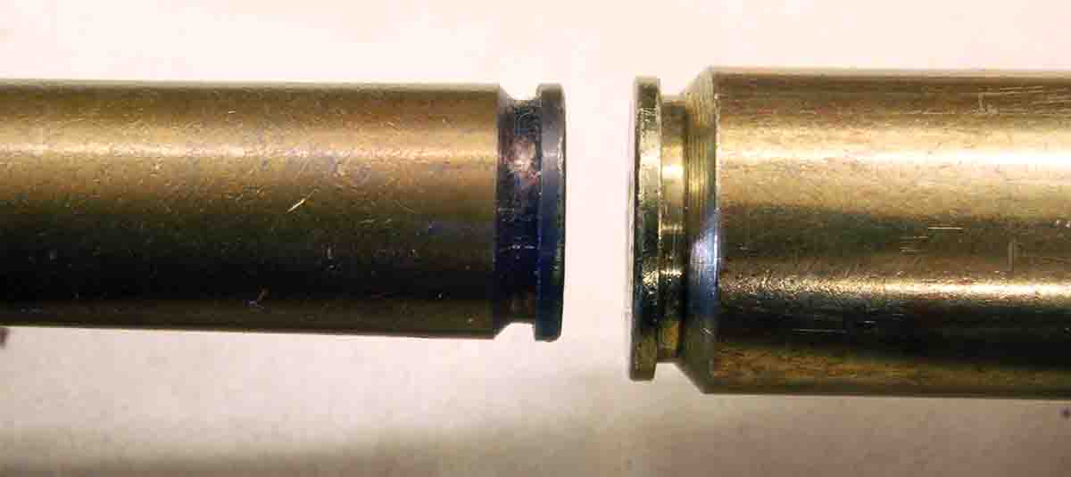 The rebated rim of the 12.7x70mm (right) shows clearly when compared to the 8x57 (left).